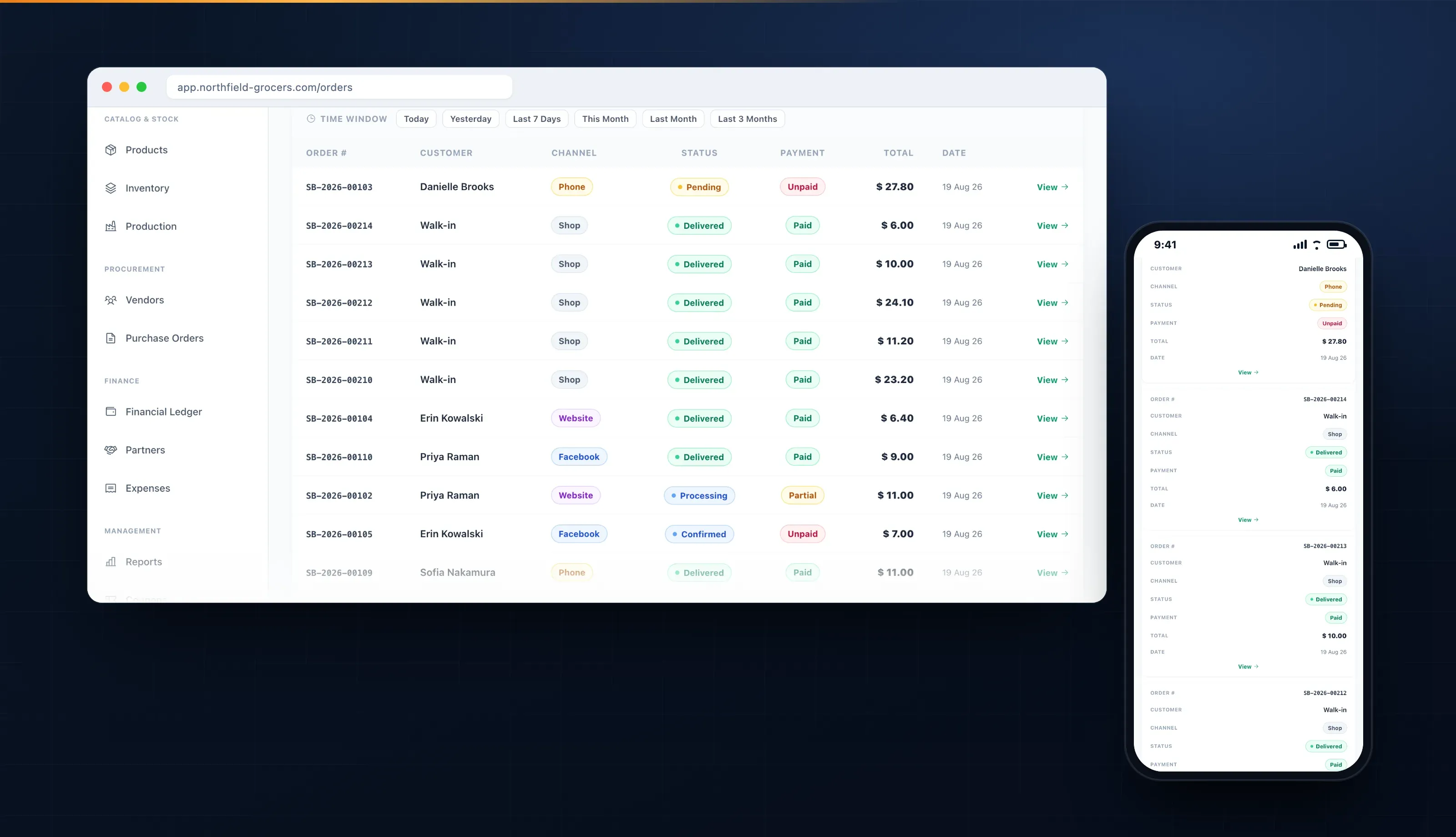 The order queue, listing every order with the sales channel it arrived on — phone, shop counter, website, Facebook and WhatsApp — alongside its fulfillment status, payment status and total.